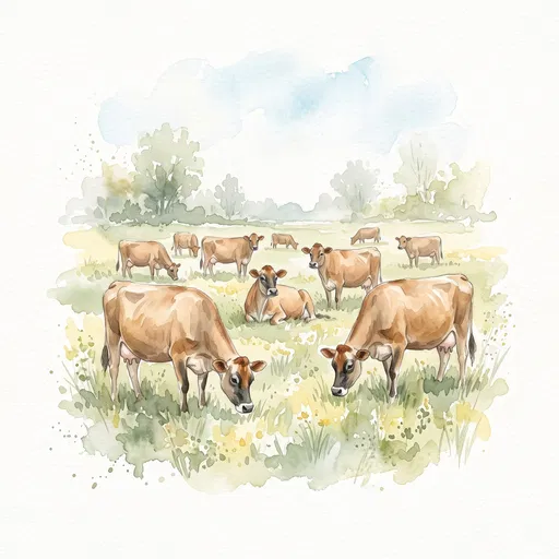 Watercolor Herd of Grazing Jersey Cows