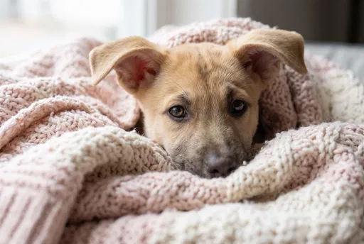 Fawn Puppy Wrapped in Cozy Knit Blanket