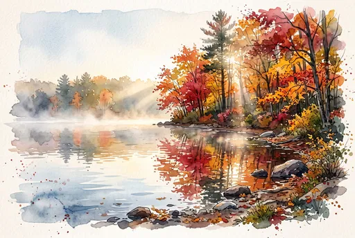 Watercolor Autumn Lake and Foliage Reflections
