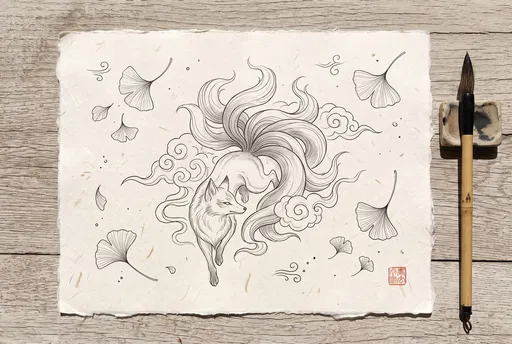 Kitsune Fox Ink Drawing Flat Lay