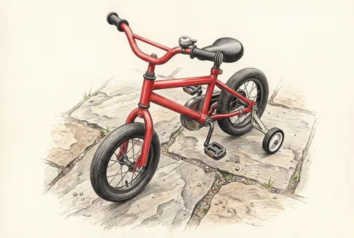 Red Child Bicycle Colored Pencil Drawing