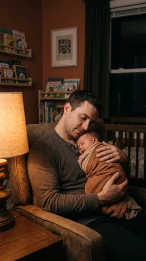 Father Cradling Sleeping Newborn in Nursery