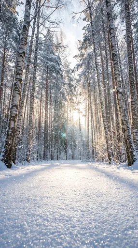 Sunlit Snowy Birch Forest Clearing
