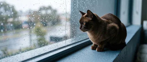 Brown Burmese Cat Watching Rain on Window