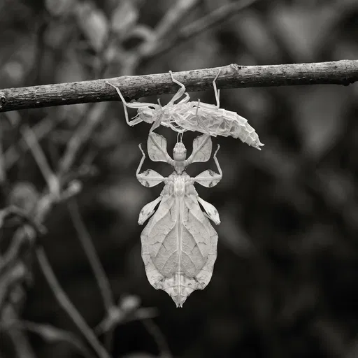 Monochrome Newly Molted Leaf Insect on Branch