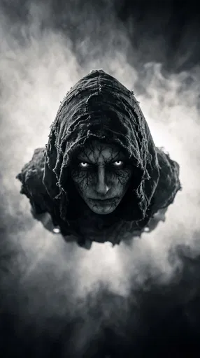 Hooded Demon Looking Up in Mist