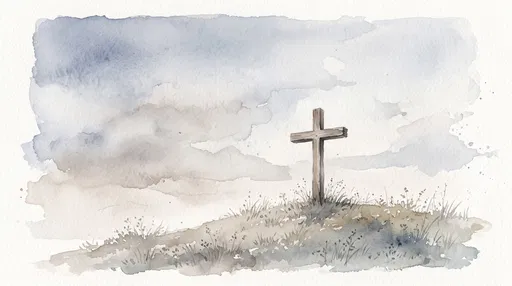 Watercolor Wooden Cross on Grassy Hill
