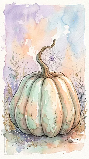 Pastel Watercolor Pumpkin and Spider Illustration