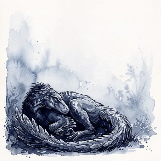 Indigo Watercolor Illustration of Sleeping Feathered Utahraptor