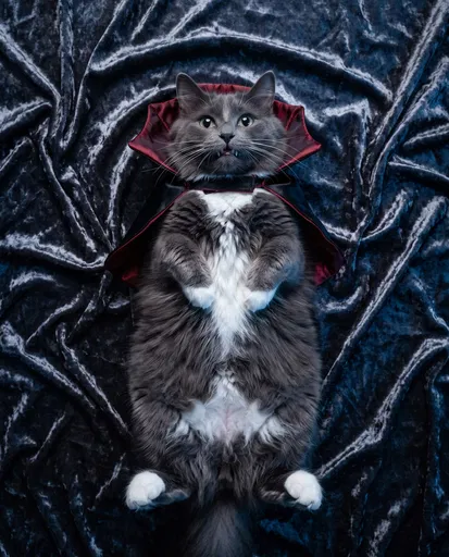 Gray Cat in Vampire Cape on Velvet