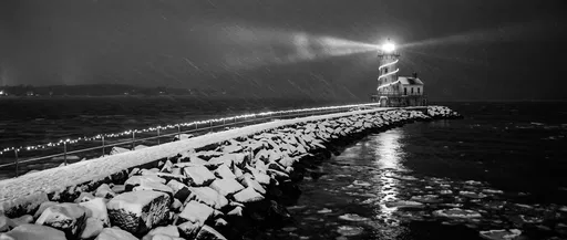 Black and White Snowy Christmas Lighthouse