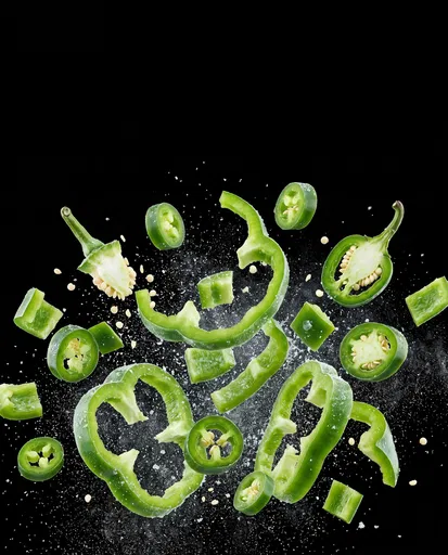 Floating Frosted Green Peppers on Black
