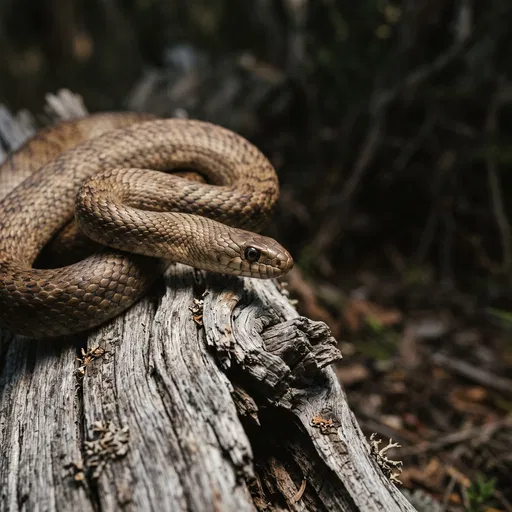 Brown Snake Coiled on Weathered Driftwood