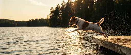 Terrier Jumping Off Dock at Sunset