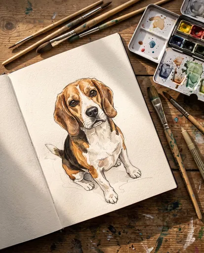 Watercolor Beagle Illustration in Open Sketchbook