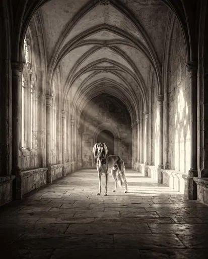 Saluki Hound in Arched Stone Corridor
