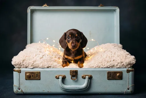 Dachshund Puppy in Vintage Blue Suitcase
