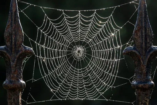 Dew-Covered Spiderweb Between Iron Fence Spikes