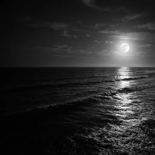 Monochrome Full Moon Over Night Ocean