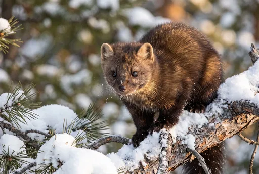 Siberian Sable on Snowy Branch