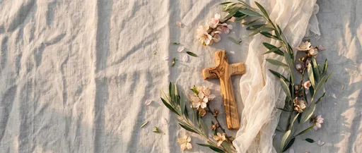 Wooden Cross With Olive Branches And Blossoms