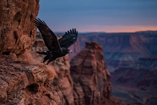 Black Eagle Launching From Sandstone Cliff