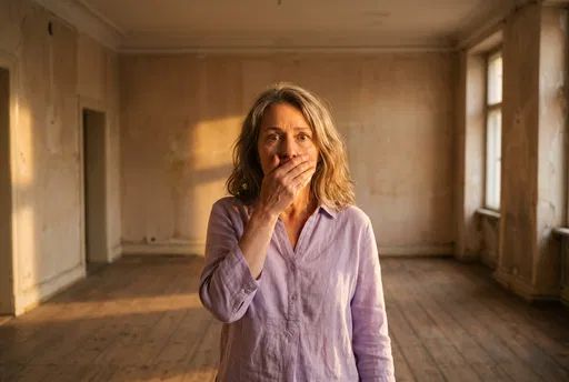 Shocked Woman in Empty Sunlit Room
