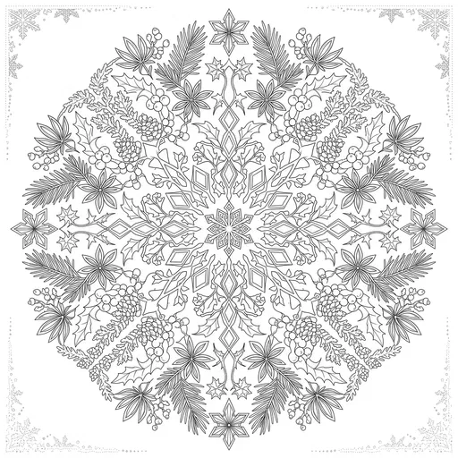 Winter Botanical Snowflake Mandala Coloring Page