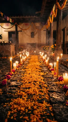 Candlelit Marigold Path in Mexican Courtyard