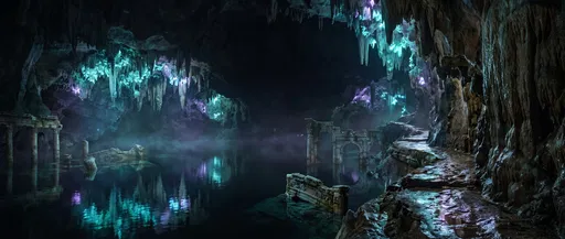 Glowing Subterranean Cave with Submerged Ruins