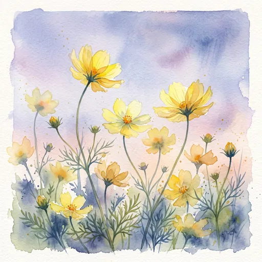 Watercolor Yellow Cosmos Flowers at Twilight