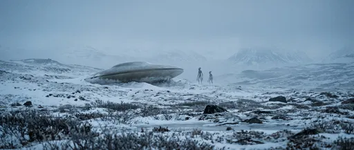 Aliens and UFO in Snowy Tundra