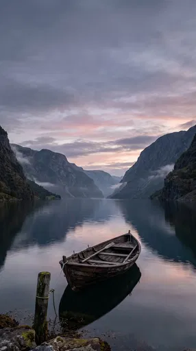 Wooden Rowboat Moored in Sunset Fjord