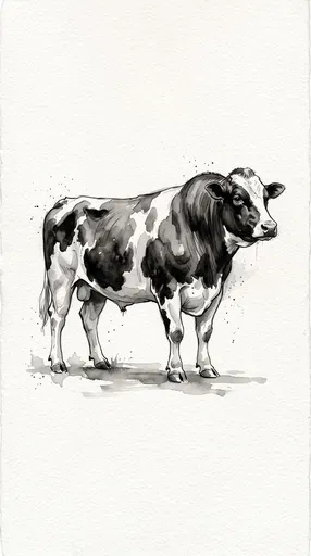 Monochrome Watercolor Holstein Bull Illustration