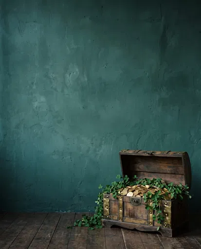 Treasure Chest With Coins and Clover