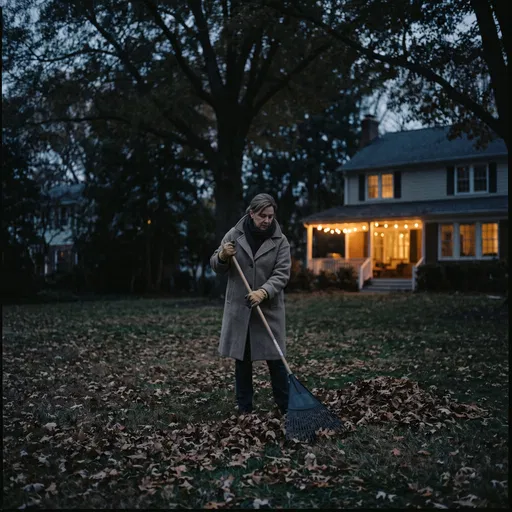 Woman Raking Autumn Leaves at Dusk