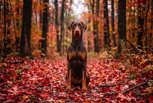 Red Doberman Sitting in Autumn Forest