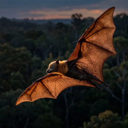 Flying Fox Gliding Over Forest at Dusk