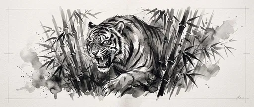 Monochrome Sumi-e Tiger and Bamboo Illustration