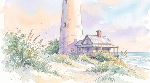 Watercolor Coastal Lighthouse and Beach Cottage