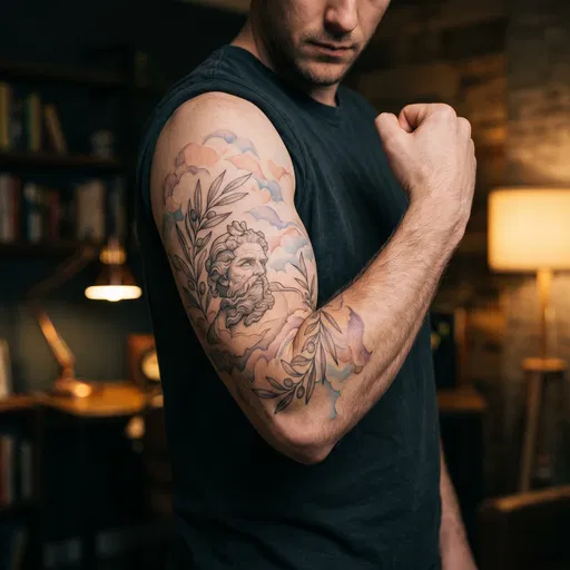 Man Showing Classical Greek Statue Arm Tattoo