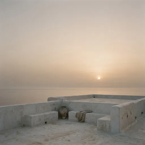 Minimalist Whitewashed Coastal Rooftop at Sunset