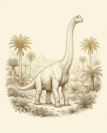 Vintage Sepia Brachiosaurus Prehistoric Landscape Illustration
