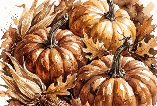 Warm Watercolor Pumpkins and Autumn Leaves