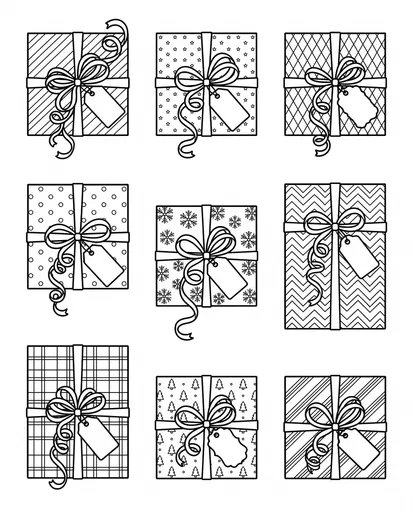 Nine Patterned Gift Boxes Coloring Page