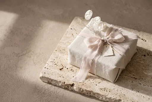 Minimalist Linen Gift Box on Travertine