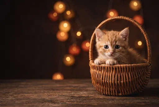 Ginger Kitten in Woven Basket with Bokeh