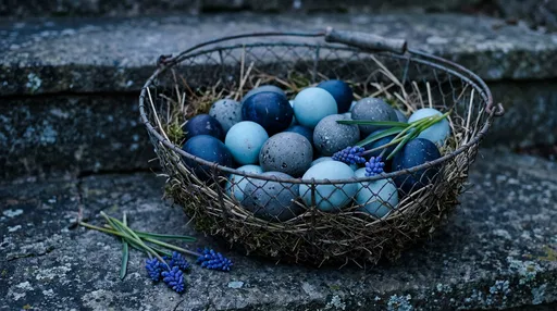Blue Easter Eggs in Vintage Wire Basket