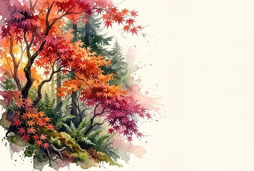 Autumn Japanese Maple Watercolor with Copy Space