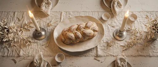 Challah Bread and Candles on Linen Table